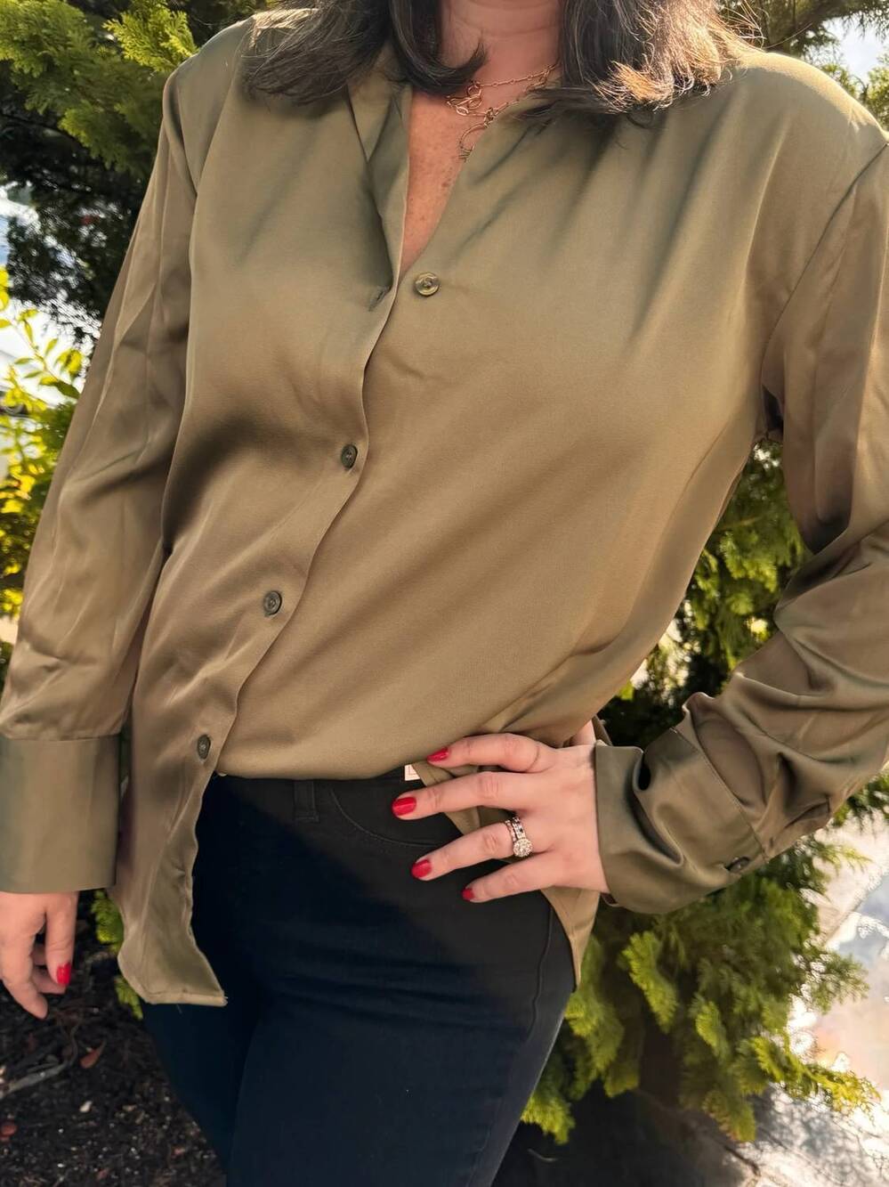 NEW BLU PEPPER solid satin button up woven top in olive
